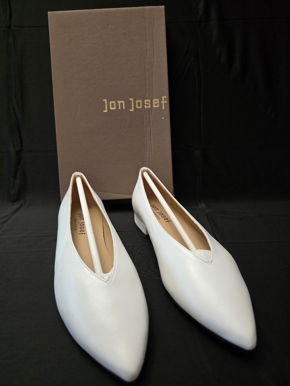 Jon Josef "Real White Leather" Women's White Pointed V-Cut Low Heel Pumps